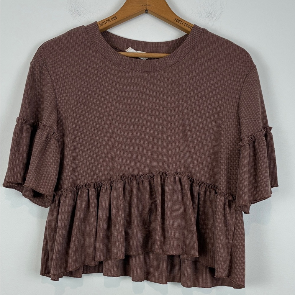 Altar'd State Mauve Brown Ruffle Peplum Crop Top Waffle Women’s Small